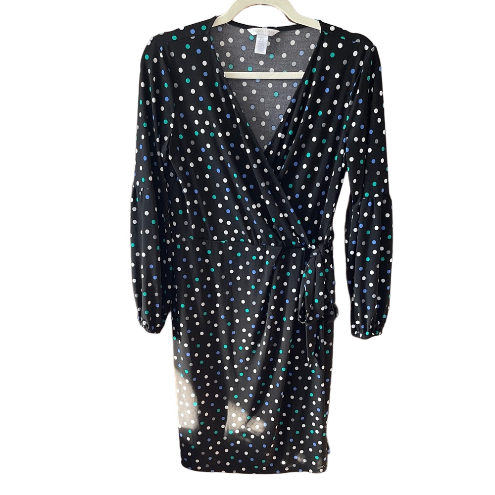 London Times Size 8 Black Dress with Multicolor Dots
